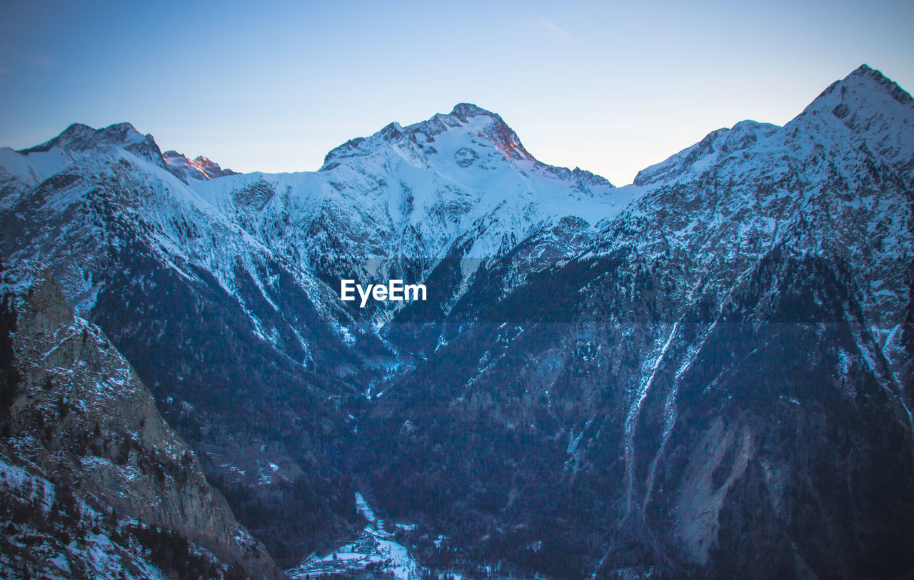 Scenic view of snowcapped mountains against sky