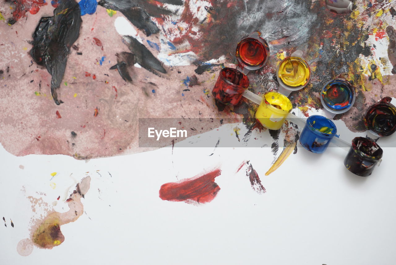 HIGH ANGLE VIEW OF MULTI COLORED UMBRELLAS ON SEA