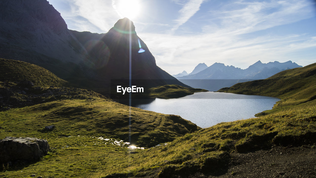 Scenic view of lake and mountains against sky