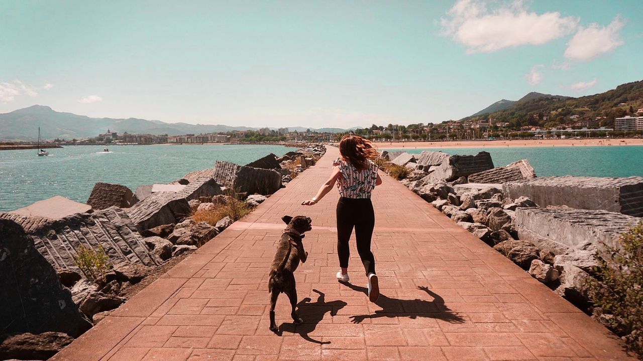 Rear view of woman running with dog on pier against sky