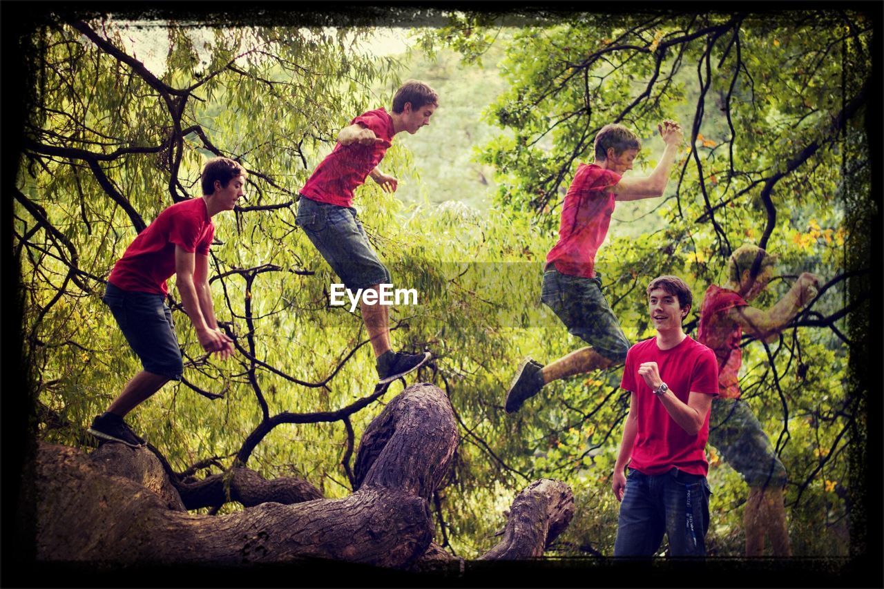 Multiple image of teenage boy jumping over tree trunks