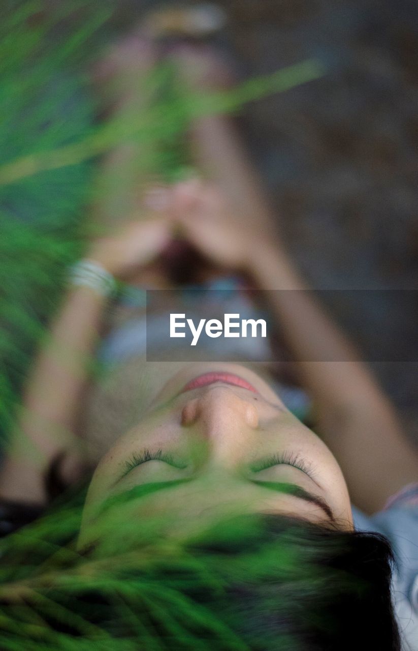 High angle view of woman by plants