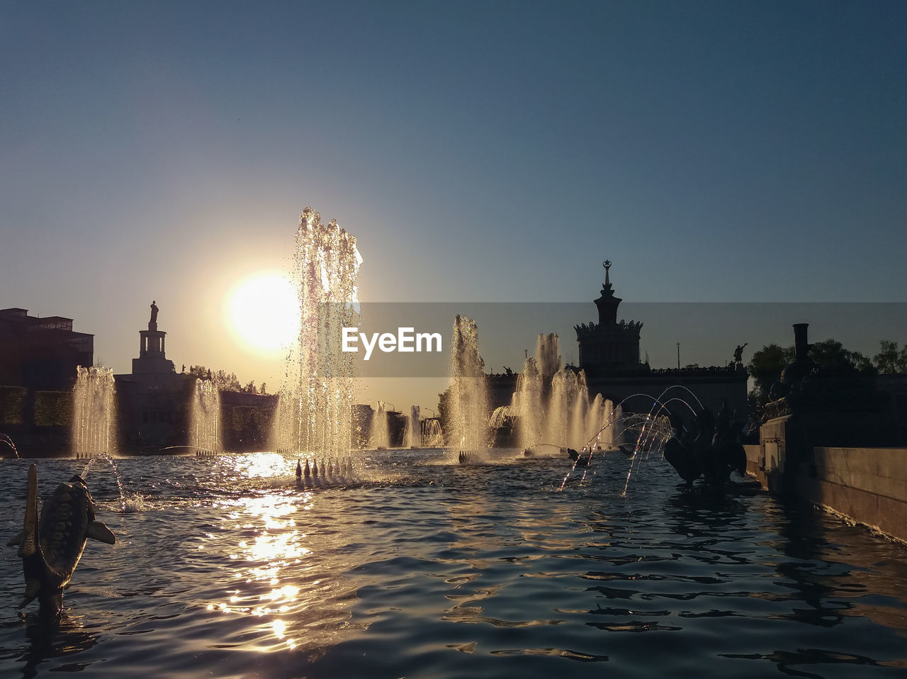 Fountains of vdnkh in moscow at sunset
