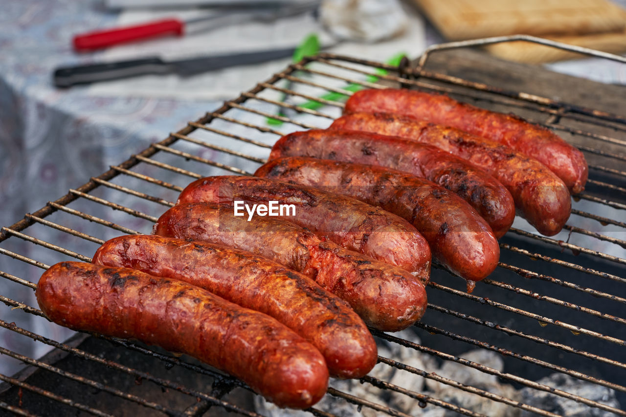 Close-up of meat on barbecue grill
