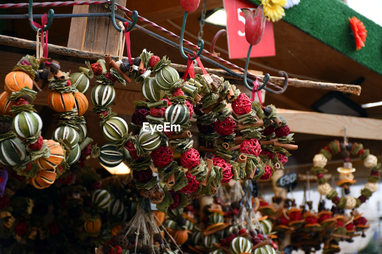 Decorations made from dried fruits, dry flowers on an advent street market in budapest