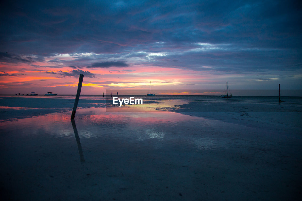 SCENIC VIEW OF BEACH AGAINST SKY AT SUNSET