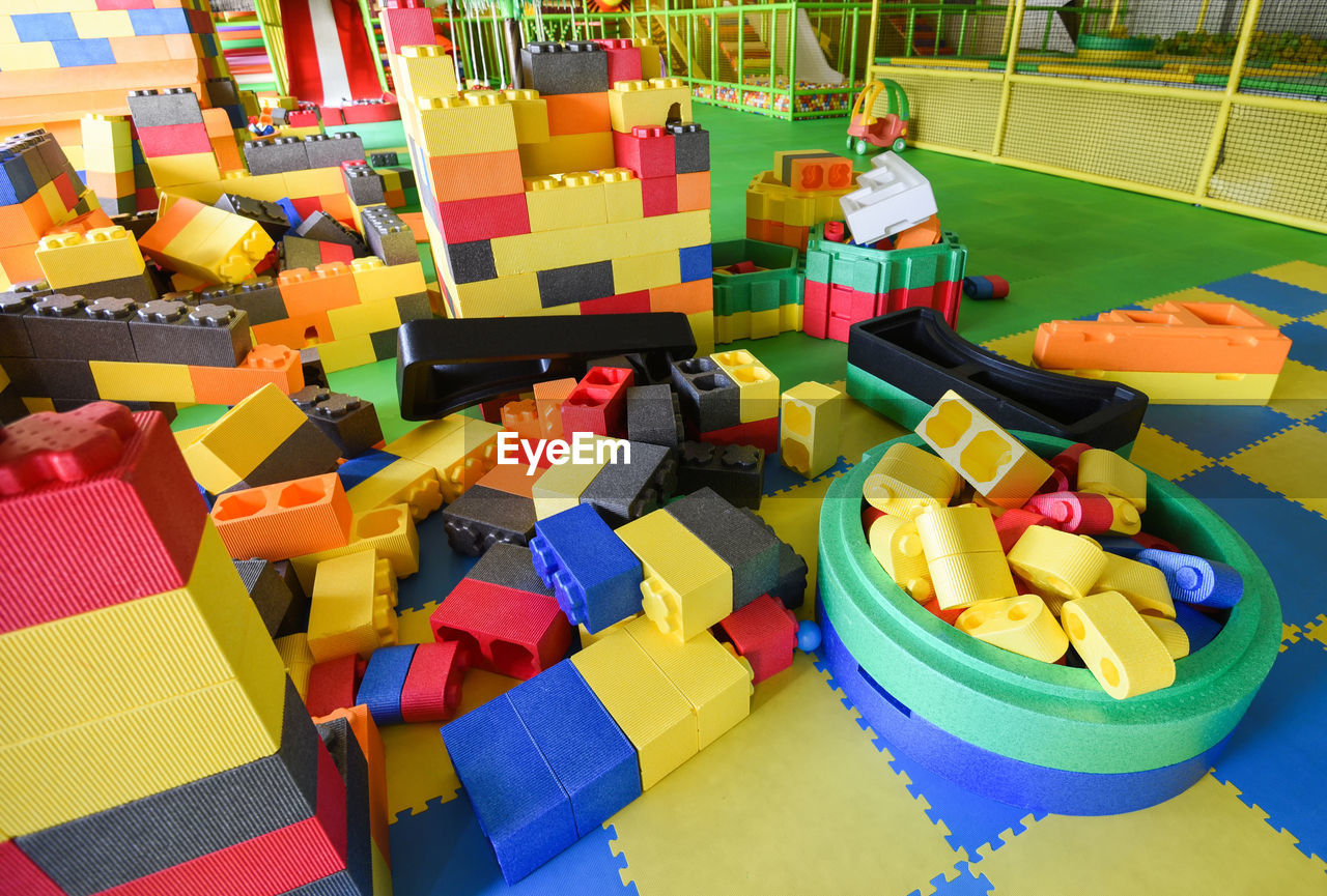 High angle view of toys on table