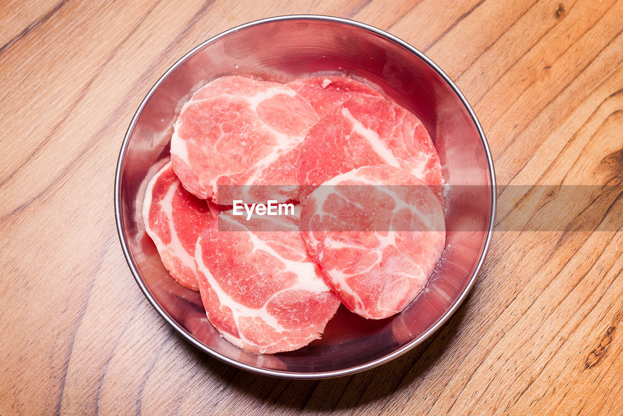 high angle view of food in bowl on table