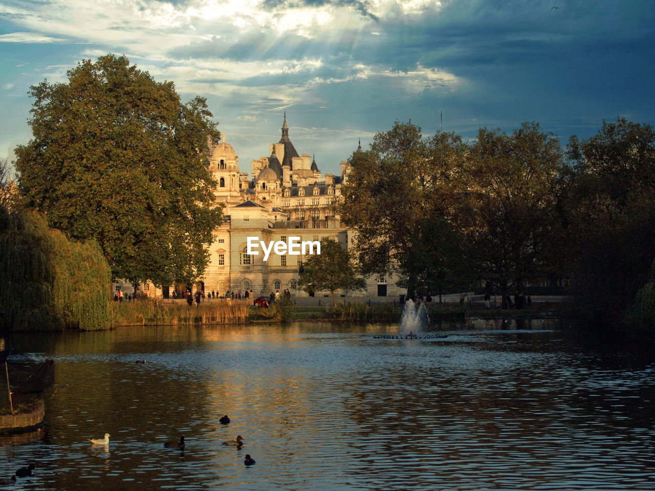 View of horse guard buildings across st james park  lake, london, united kingdom.