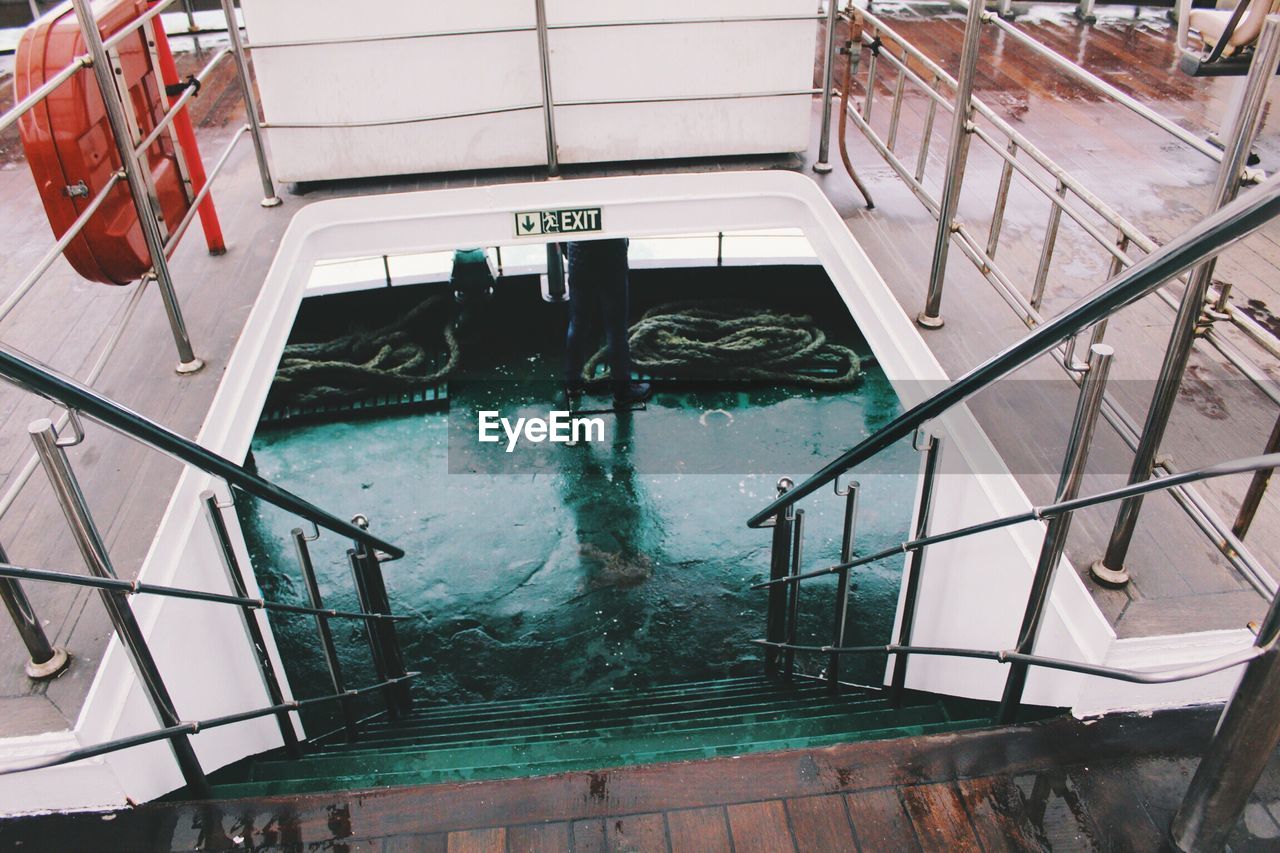 High angle view of steps in ship