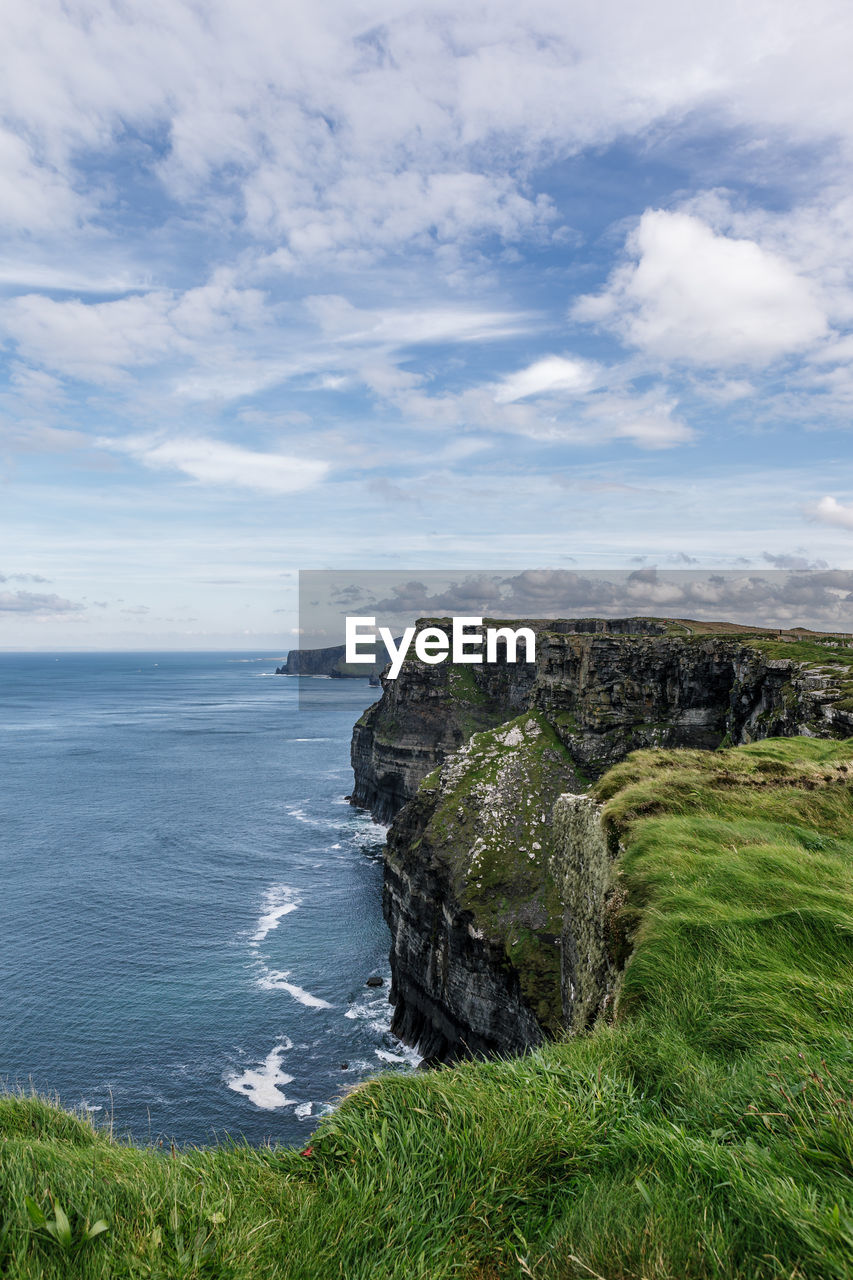 SCENIC VIEW OF SEA AND GREEN GRASS AGAINST SKY
