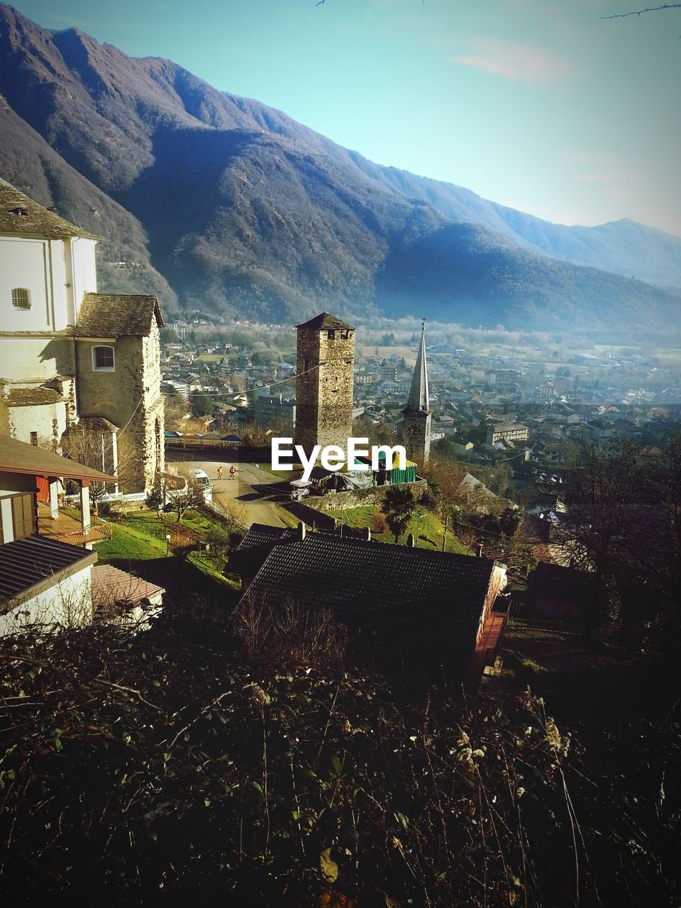 Houses on mountain range