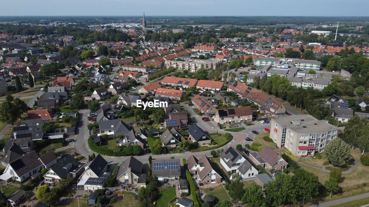 High angle view of small town cityscape