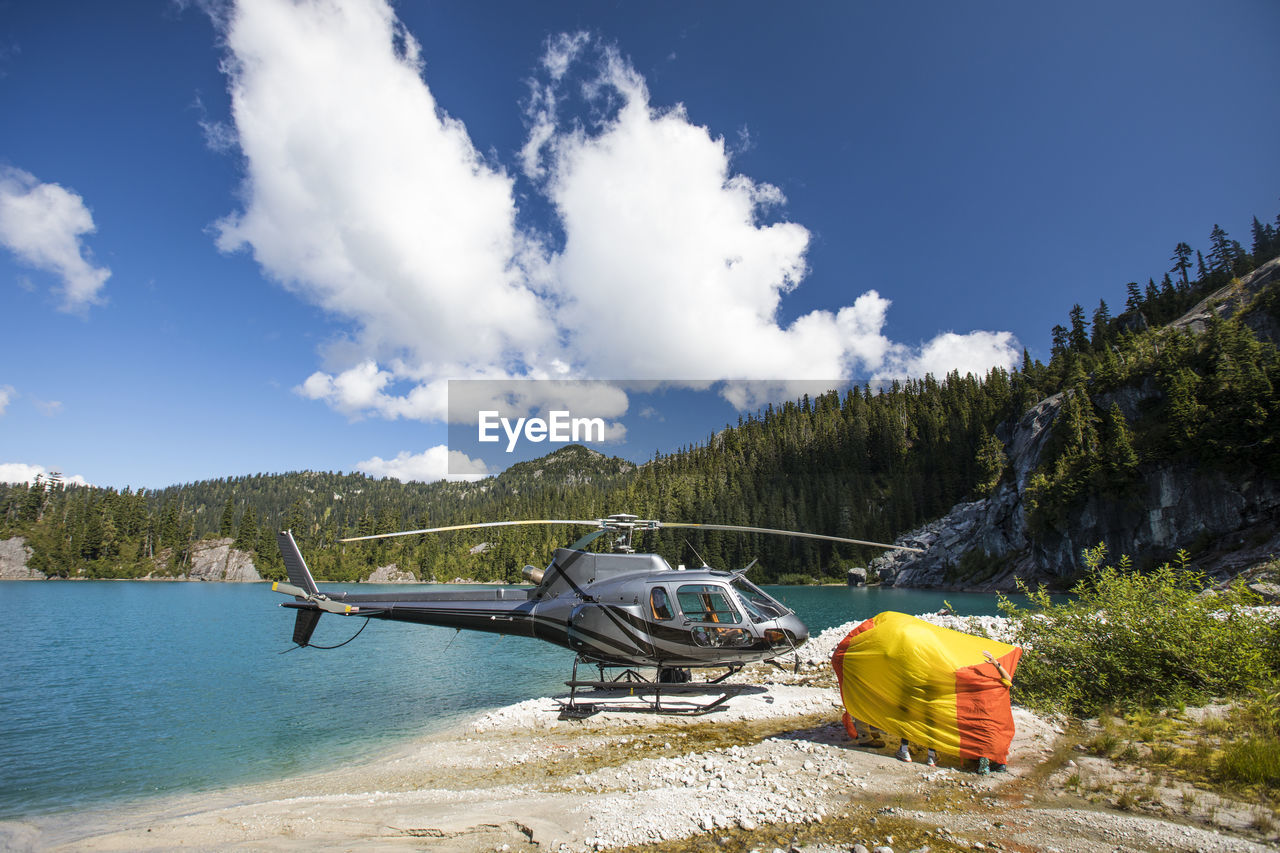 Helicopter patrons test out emergency shelter tent.