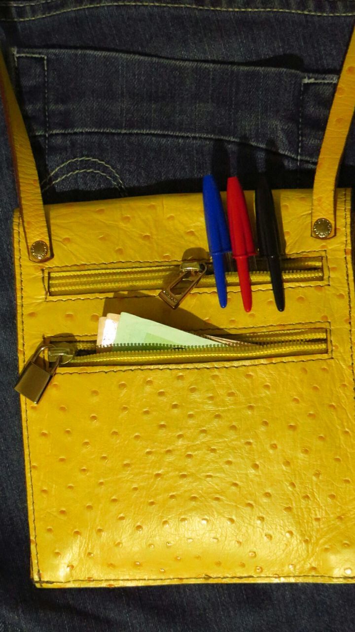 Close-up of yellow sling bag