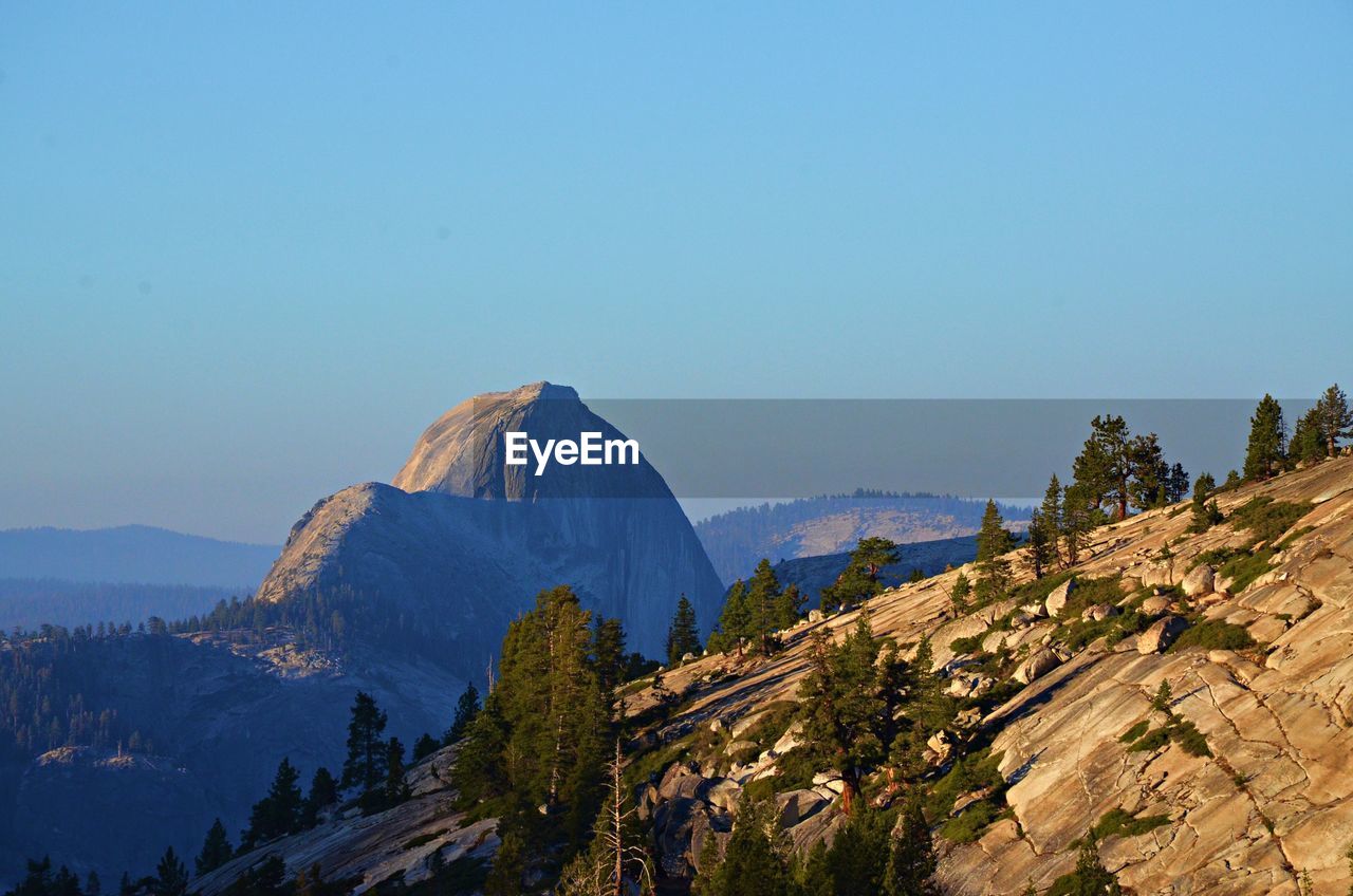 Idyllic shot of rocky mountain at yosemite national park against clear sky