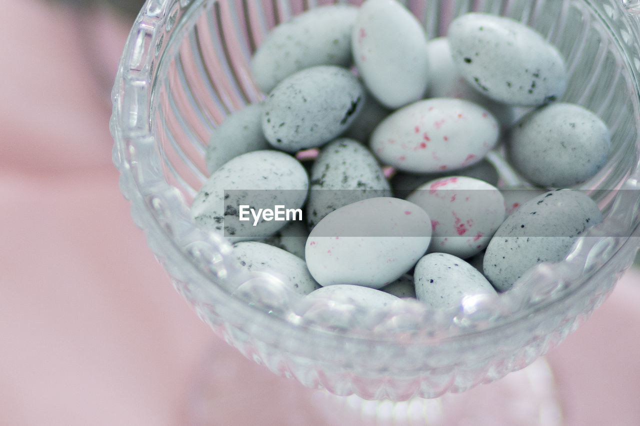 High angle view of eggs in bowl on table