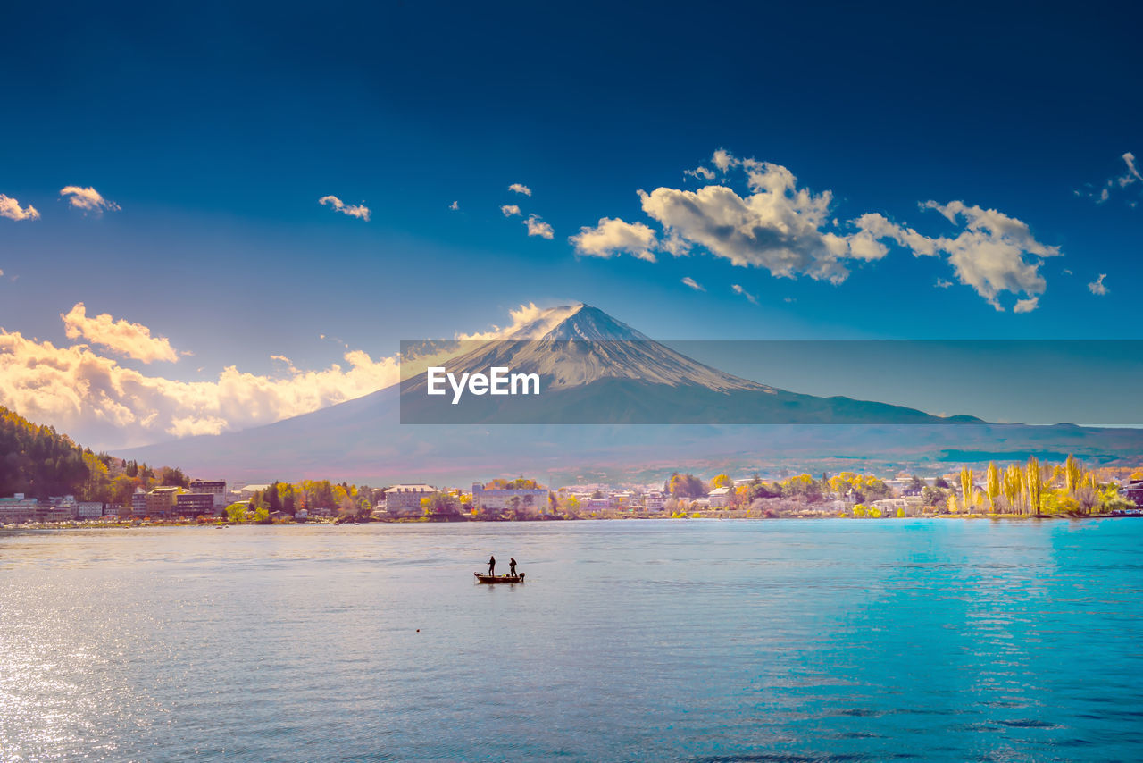 Scenic view of lake and mt fuji against cloudy sky