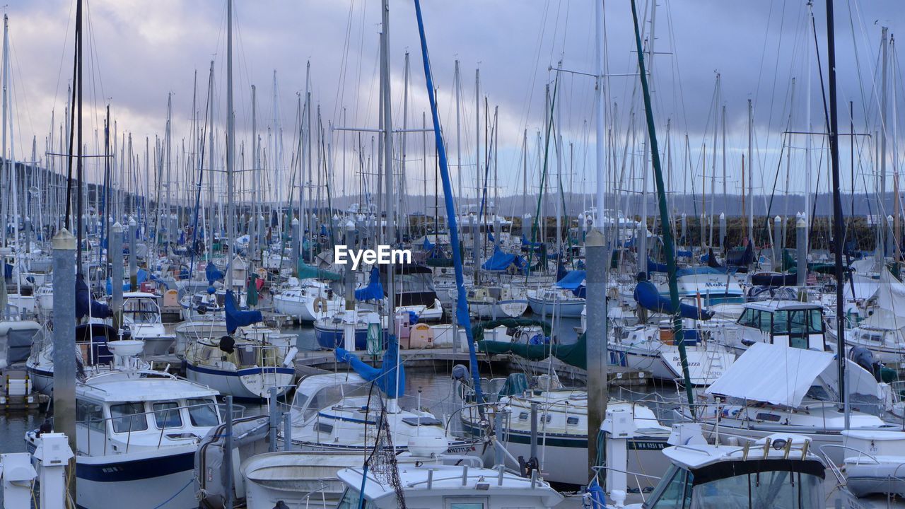 Boats moored at harbor