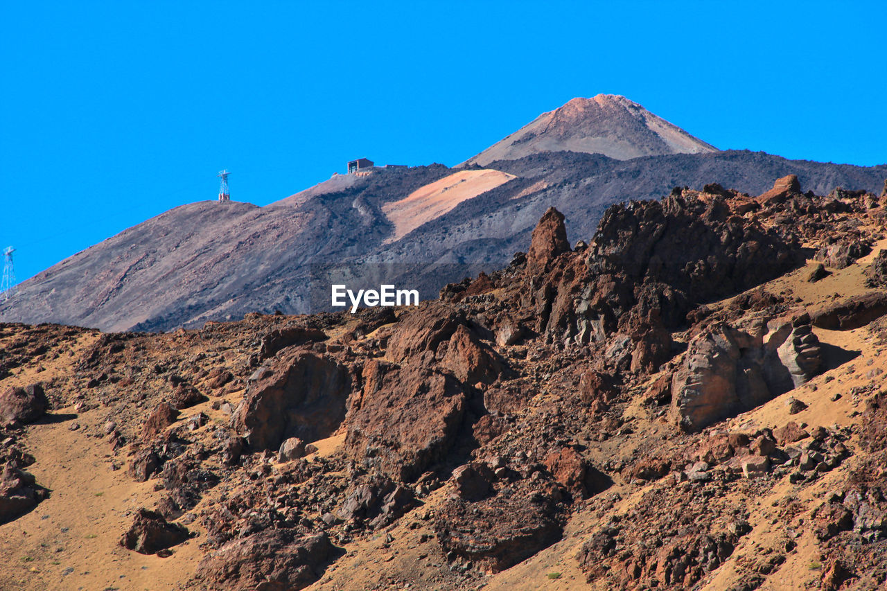 Scenic view of mountains against clear blue sky