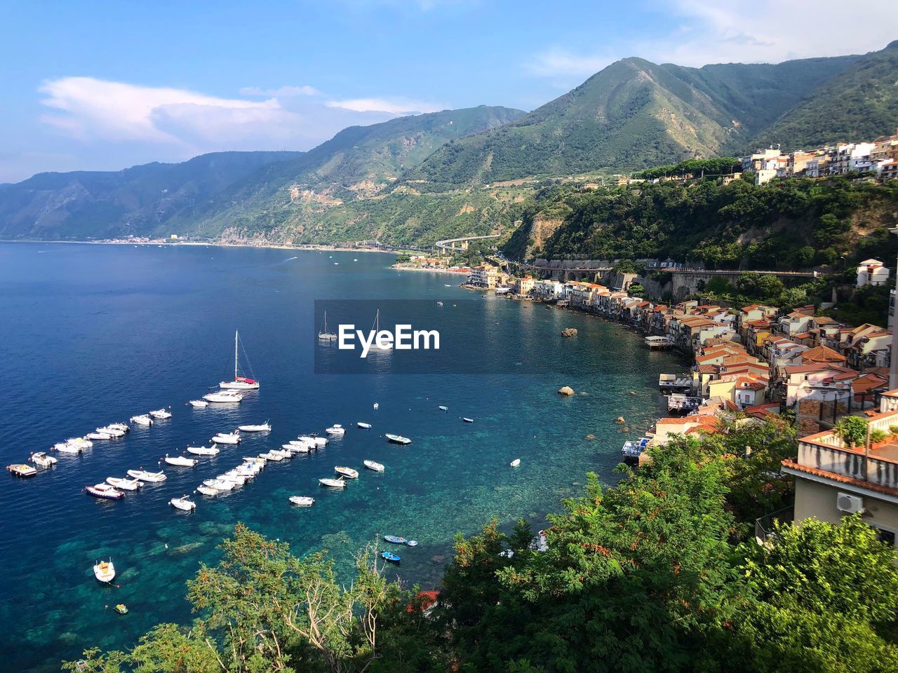 High angle view of boats in bay