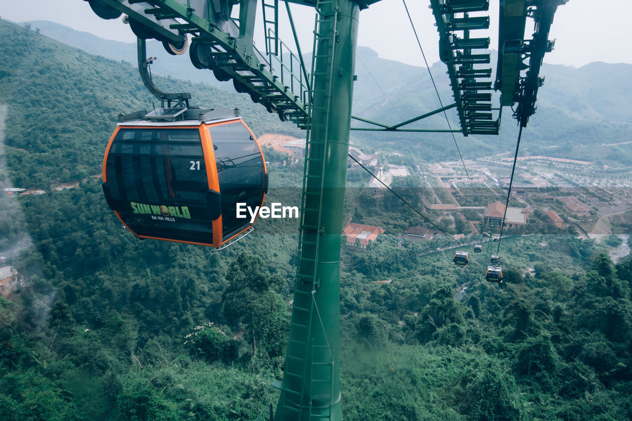 HIGH ANGLE VIEW OF OVERHEAD CABLE CAR OVER CITY