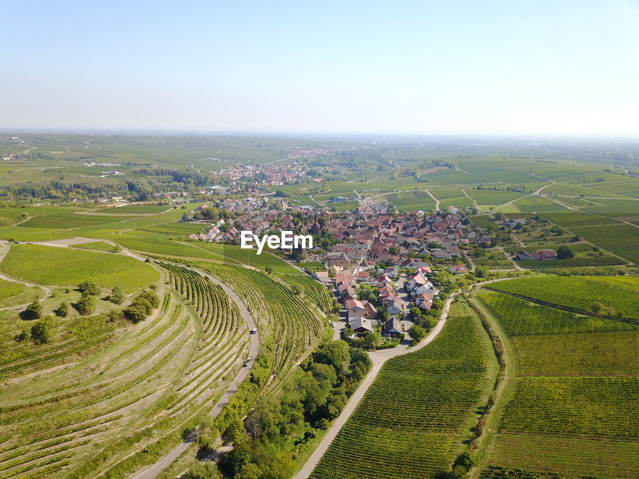 High angle view of agricultural field against sky