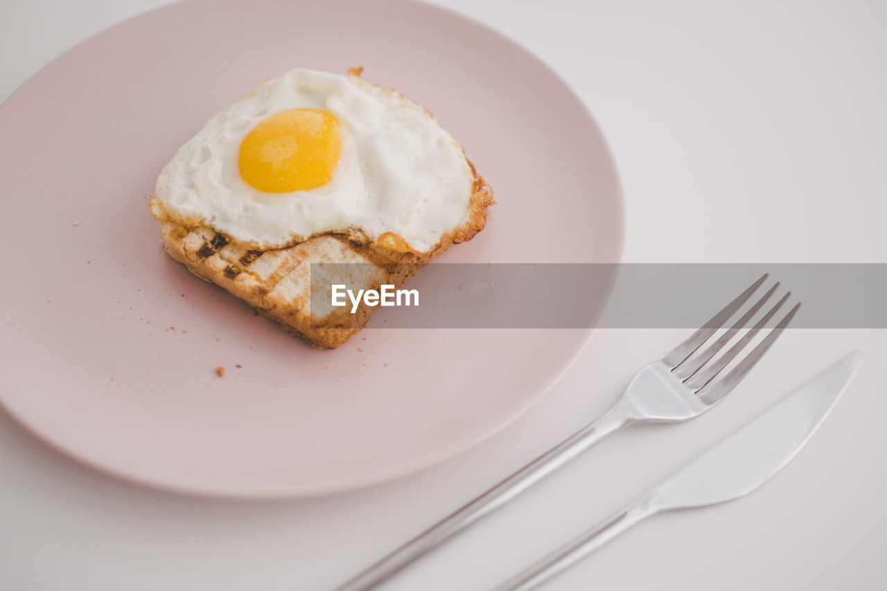 High angle view of fried egg with toasted bread in plate