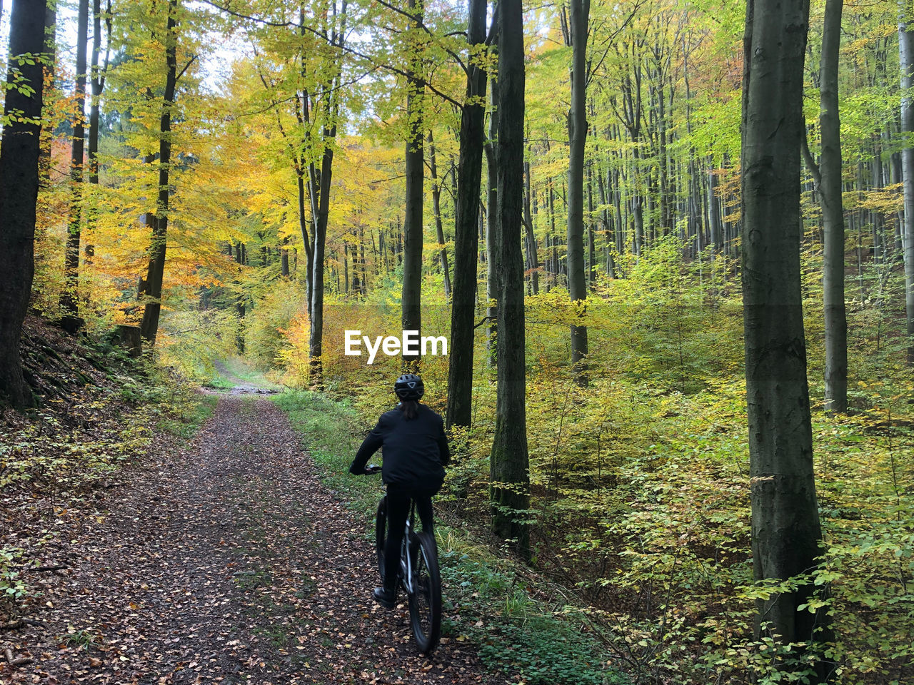 REAR VIEW OF MAN WALKING ON DIRT ROAD