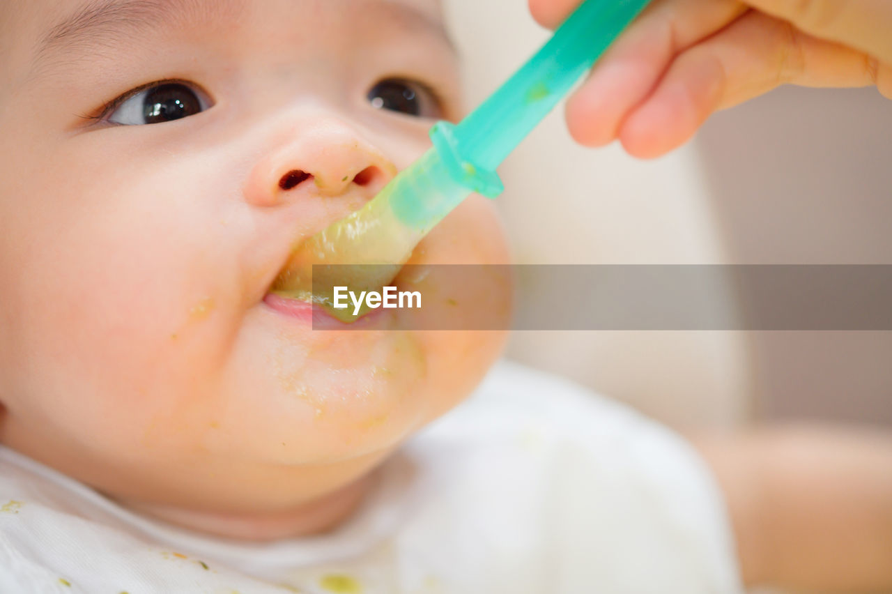 Close-up of baby boy eating food