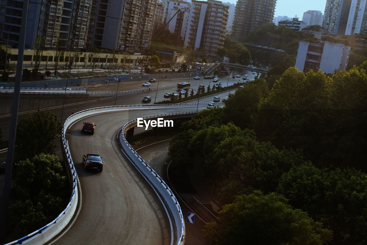 High angle view of traffic on road in city