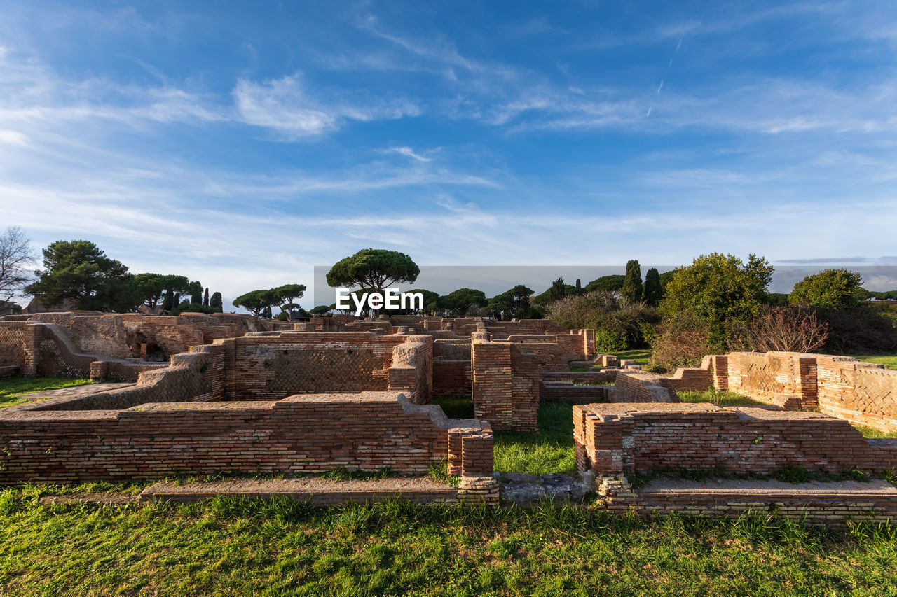 Ostia antica, overview of the archaeological park with the excavation areas, the roman necropolis.