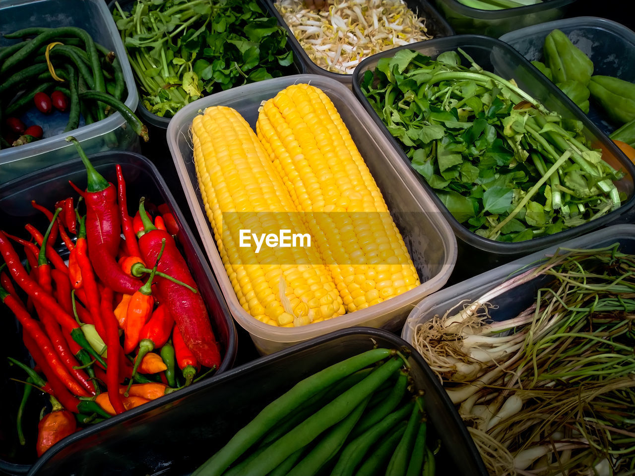 High angle view of vegetables for sale in market