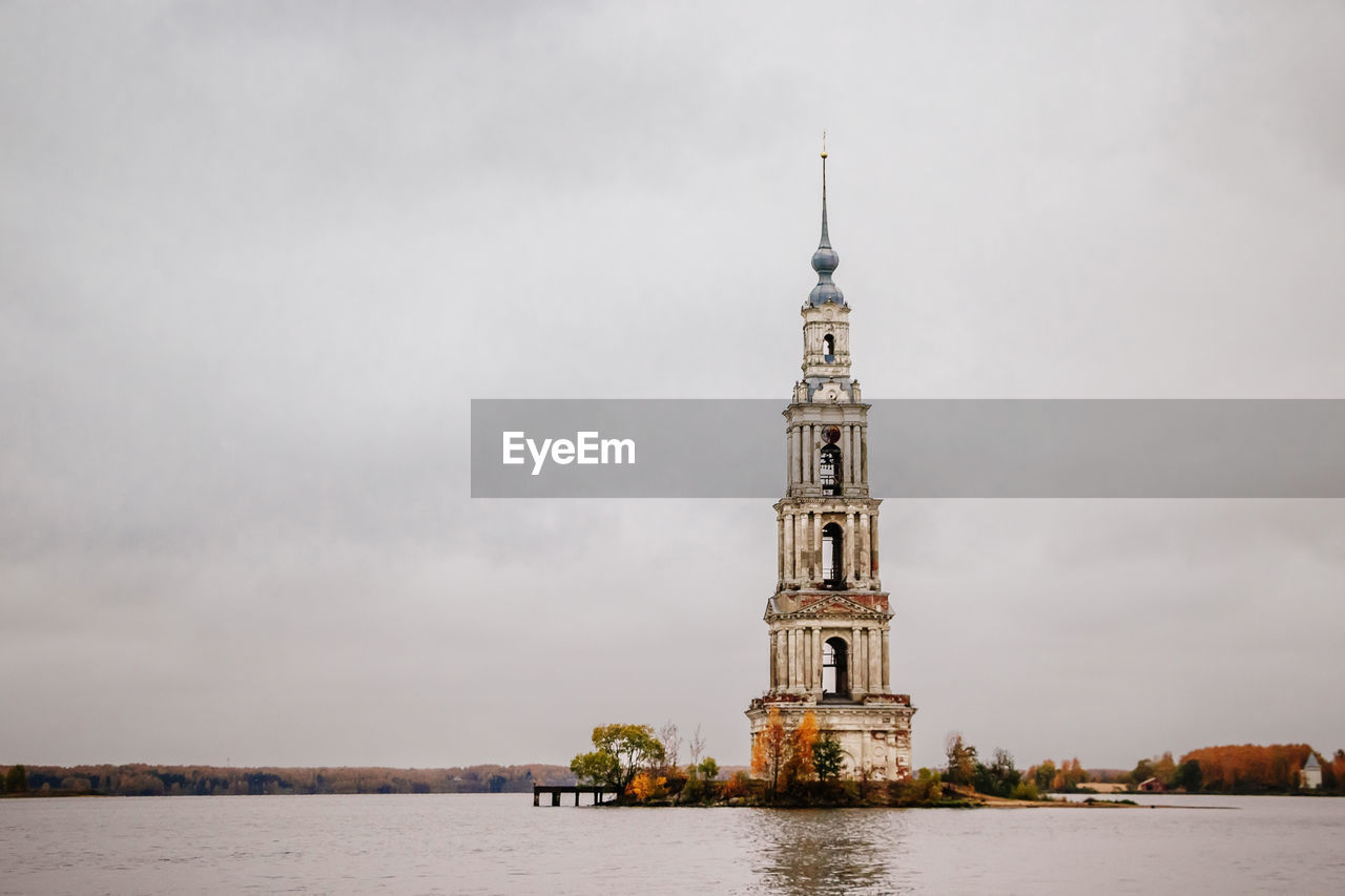 Old abandoned bell tower in the middle of the lake, kalyazin, russia