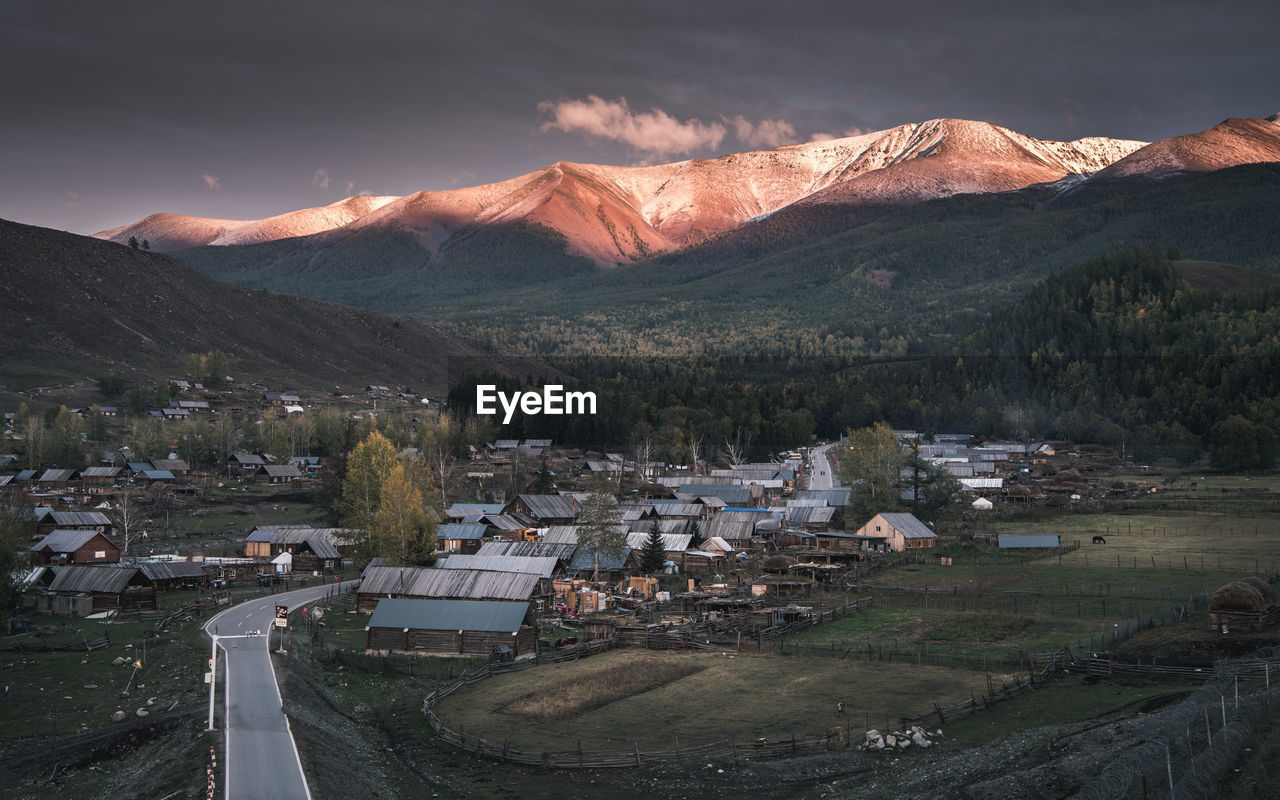 High angle view of mountains against sky