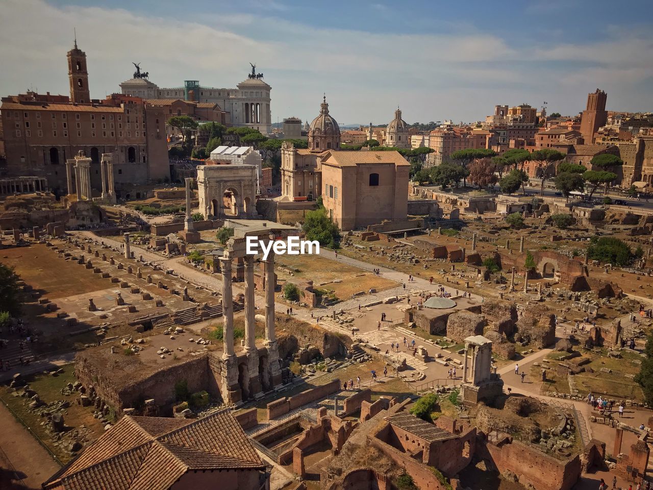 Panoramic view of ancient ruins of a roman forum most important cenre in ancient rome in italy.