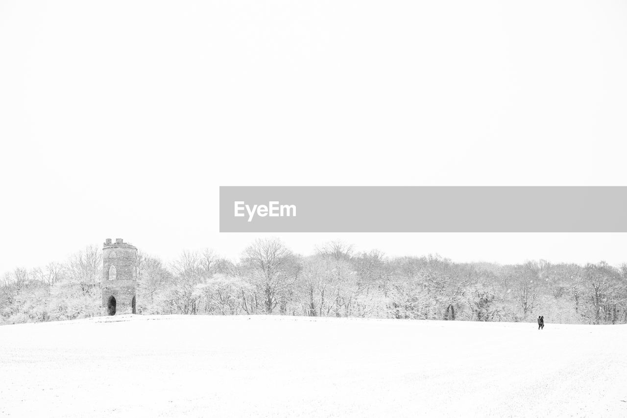 SNOW COVERED FIELD BY TREES AGAINST SKY