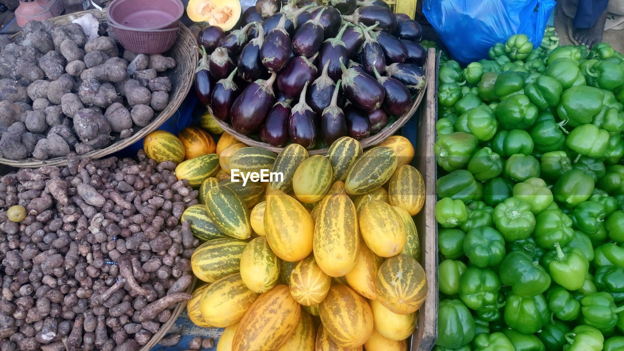 High angle view of vegetables for sale in market