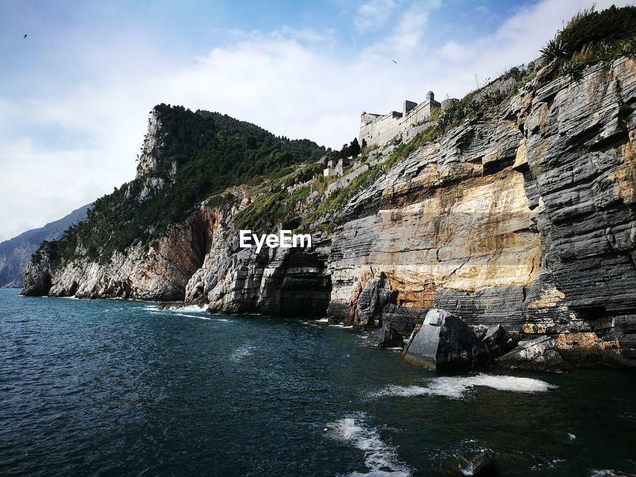 Rock formations by sea against sky