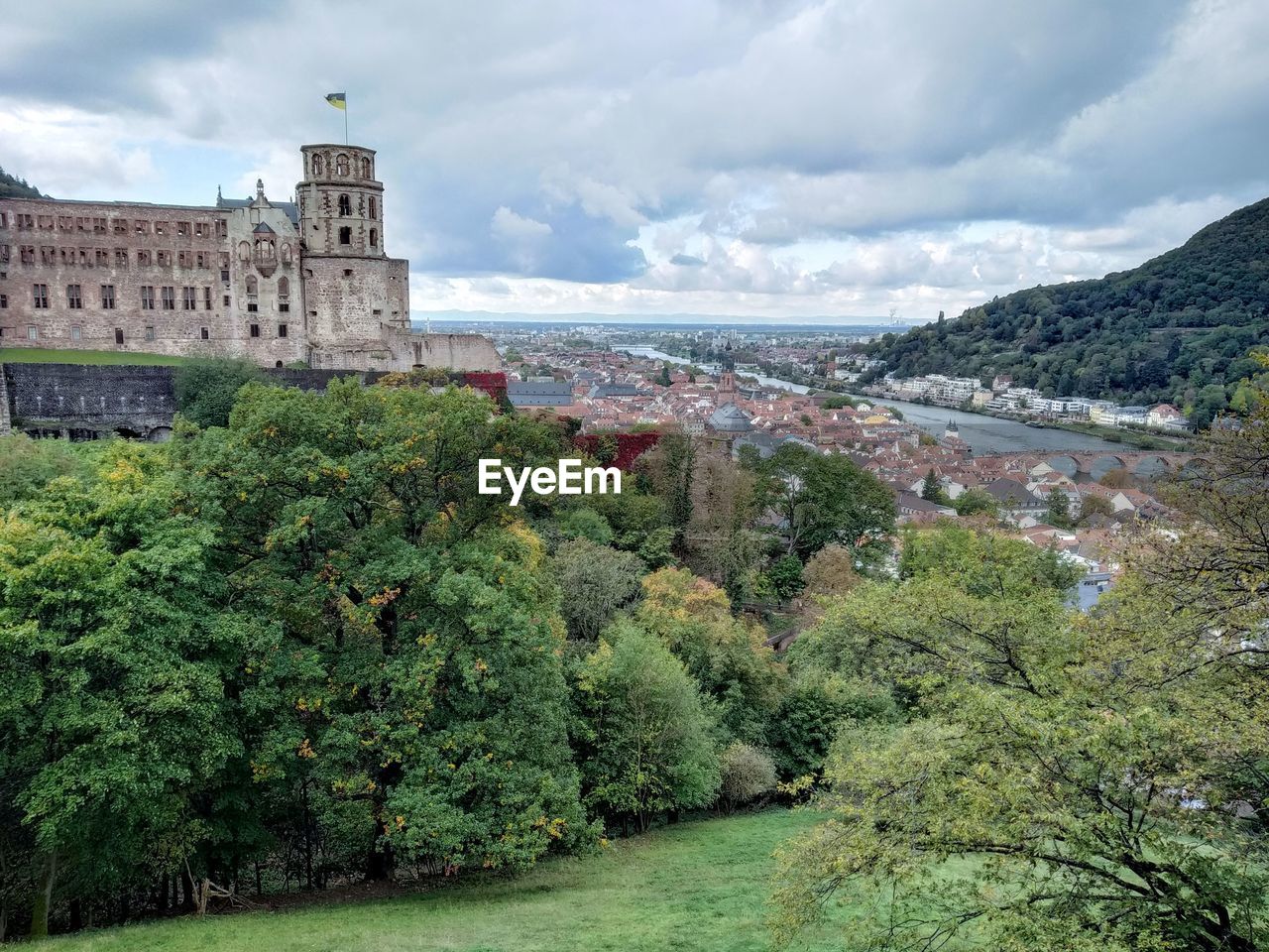 Panoramic view of trees and buildings against sky