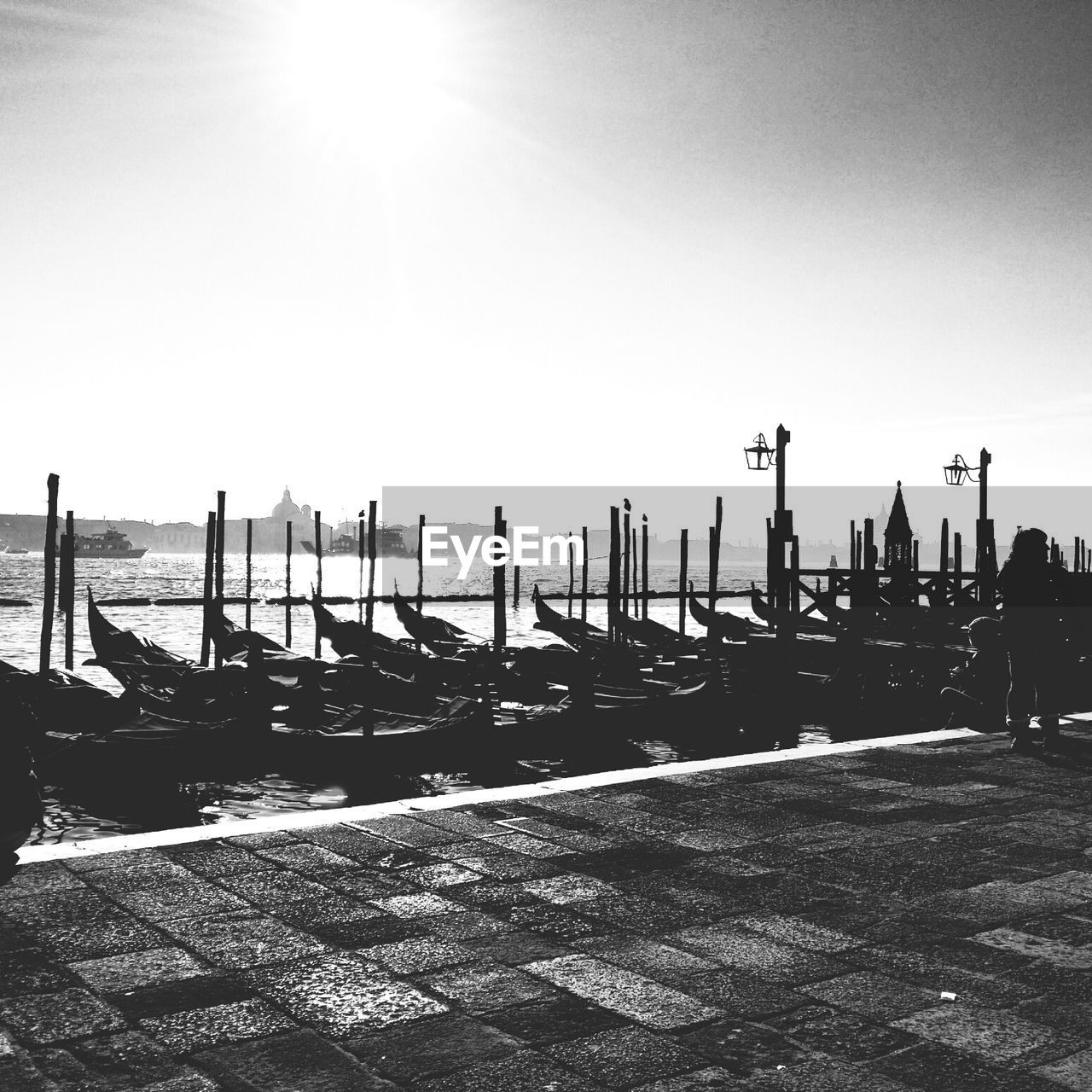 Row of moored gondolas at harbor