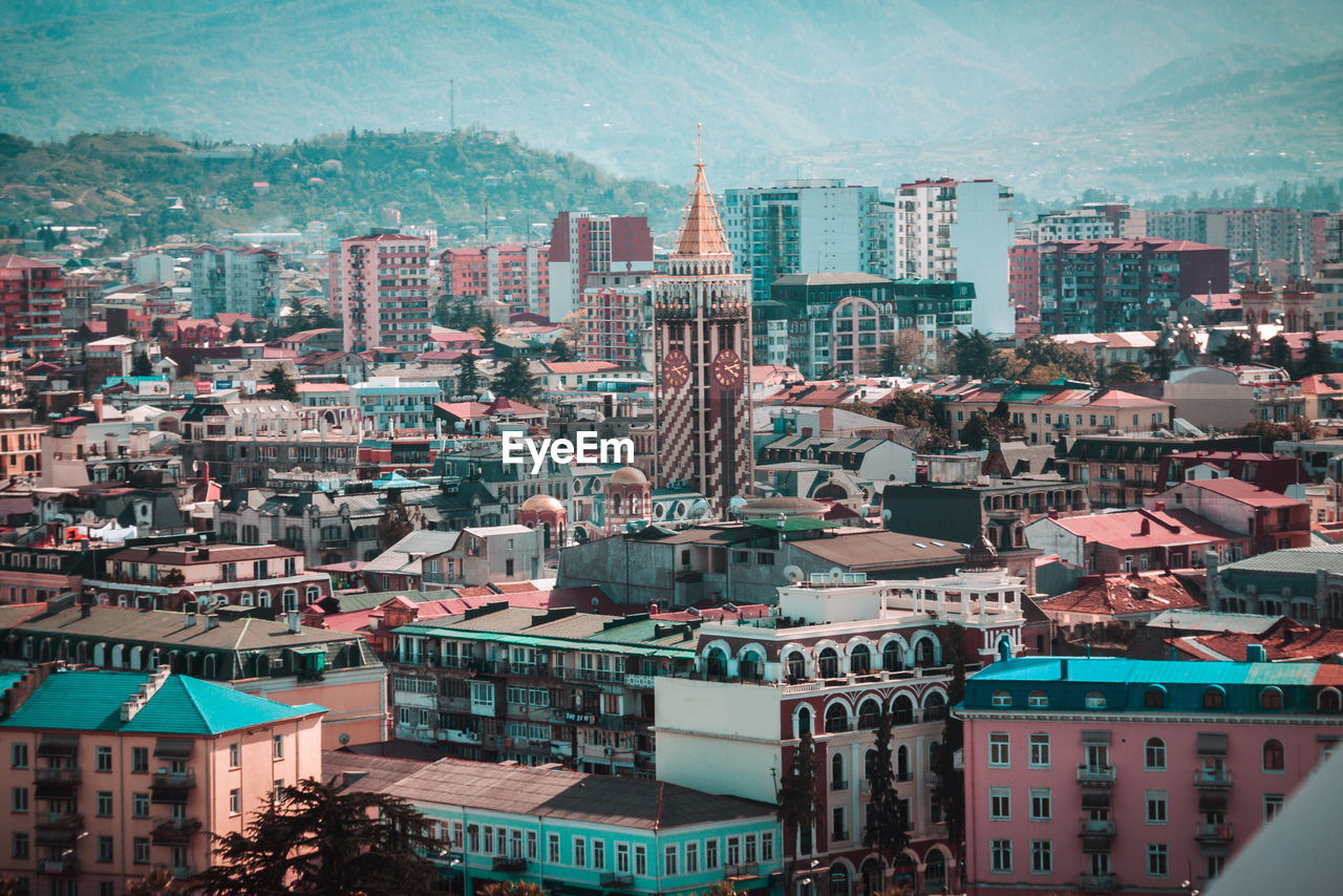 High angle view of buildings in city