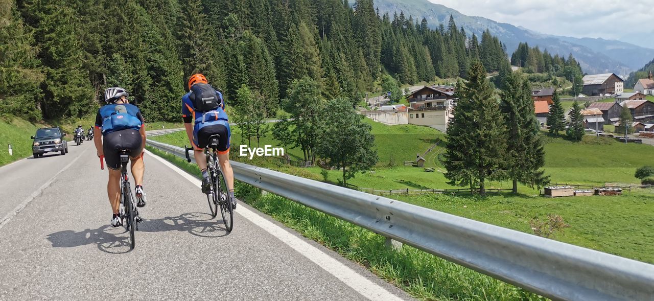 REAR VIEW OF PEOPLE RIDING BICYCLES ON ROAD