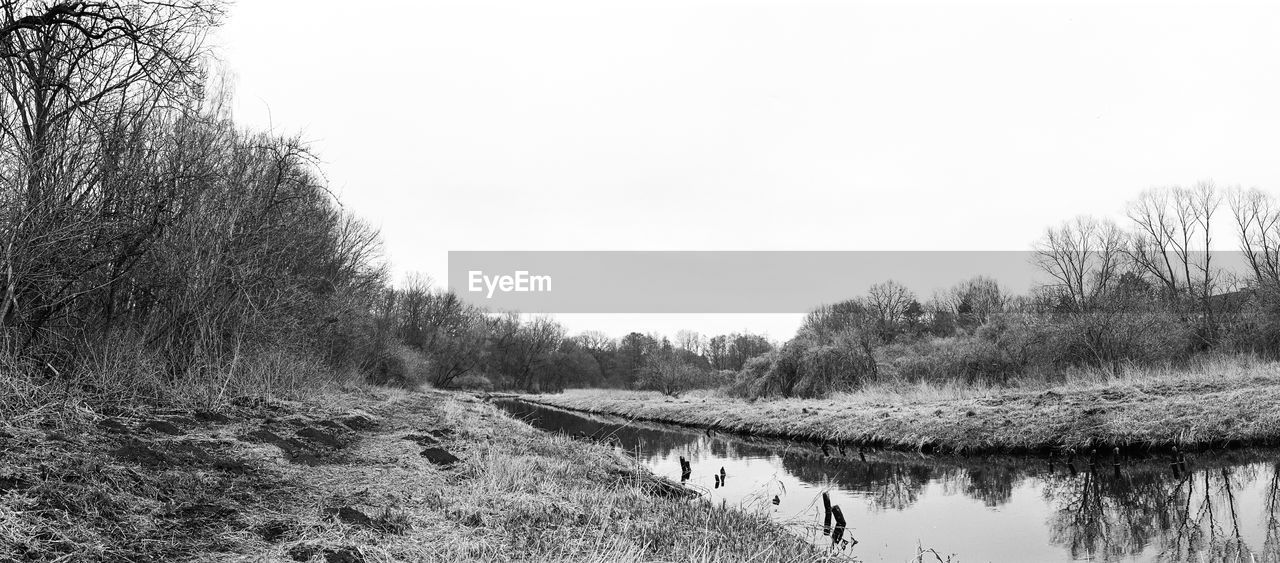 Scenic view of calm lake against clear sky