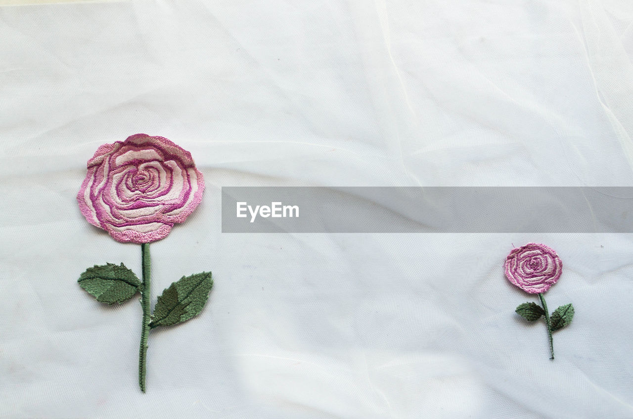 HIGH ANGLE VIEW OF ROSE BOUQUET ON WHITE WALL