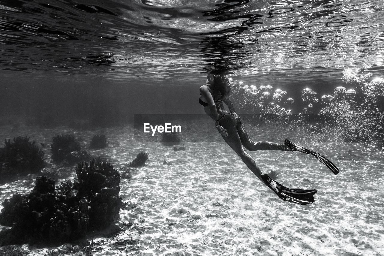 Side view of woman swimming underwater