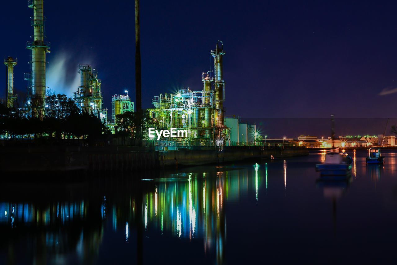 Illuminated commercial dock reflecting in water