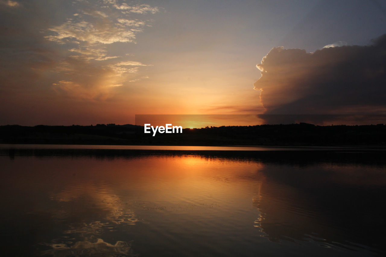 Scenic view of lake against sky during sunset