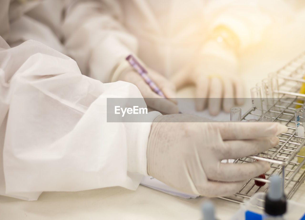 Midsection of scientist working in laboratory