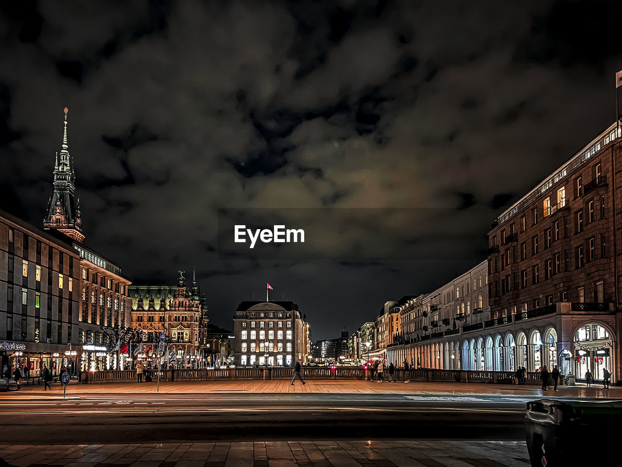 Illuminated city buildings at night